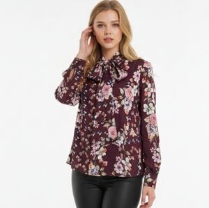 Parker Bohemian Contemporary Maroon Floral Butterflies Silk Blouse Top L (O15)